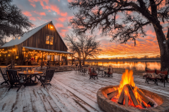 Charming lakeside barn with a cozy firepit and breathtaking sunset views.