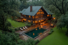Stunning rustic lodge with a private pool, nestled in lush greenery.