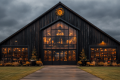 Elegant black barn-style venue with grand glass windows and warm interior lighting.