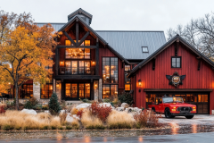 Stunning modern barndominium with red barn-style exterior, large windows, and warm lighting.