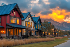 Vibrant barndominium-style homes with a stunning mountain sunset backdrop.