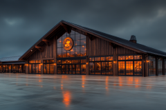 Expansive barndominium with warm interior lighting against a dramatic stormy sky.