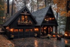 Elegant black barndominium with warm lighting, nestled in an autumn forest.