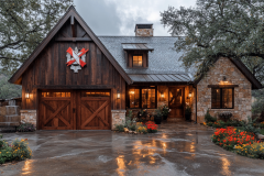 Charming rustic barndominium with stone and wood accents, illuminated by warm exterior lighting.
