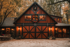 Charming barndominium with rustic wood accents, warm lighting, and festive holiday decor.