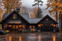 Elegant black barndominium with warm lighting, nestled in a serene autumn landscape.