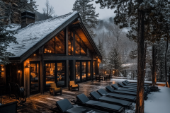Modern rustic barndominium with floor-to-ceiling windows, warm lighting, and a snowy mountain retreat ambiance.