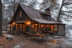 Rustic lakeside barndominium exterior with warm lighting, aged metal roofing, and a cozy outdoor dining space.