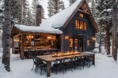 Cozy winter barndominium exterior with a warm outdoor fire table, rustic black wood siding, and a covered outdoor kitchen.