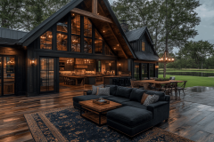 Luxurious modern barndominium exterior with floor-to-ceiling glass windows, warm lighting, and a stylish outdoor living space.