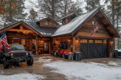 A stunning rustic barndominium exterior in a snowy woodland setting, featuring warm lighting, a rugged Jeep, and patriotic decor.