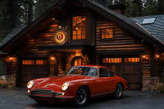 A classic red sports car parked in front of a luxurious log cabin-style garage, illuminated with warm ambient lighting.