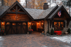 A charming rustic log cabin with warm glowing lights, a festive wreath, and an American flag, nestled in a serene wooded setting with a touch of snow.