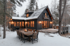 A modern black cabin with warm glowing windows, nestled in a snowy forest. The outdoor dining area on the wooden deck adds a cozy touch, making it the perfect winter escape.