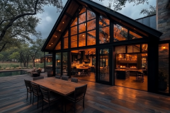A stunning modern rustic home with large glass walls, warm interior lighting, and a spacious outdoor dining area on a wooden deck, perfect for entertaining.