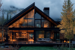 A stunning modern A-frame home with floor-to-ceiling glass windows, a sleek black roof, and a cozy, warmly lit interior set against a misty mountain backdrop.