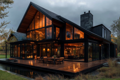 A luxurious modern barndominium with a striking black exterior, floor-to-ceiling glass windows, and a warm, illuminated interior, surrounded by a serene natural landscape.