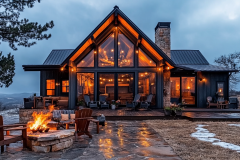 A stunning modern-rustic barndominium with a grand A-frame design, warm glowing lights, and an inviting fire pit on a misty evening.