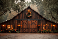 A beautifully decorated rustic barndominium with warm wooden tones, festive wreath decor, and charming ambient lighting.