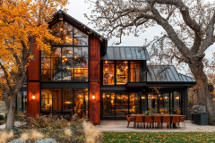 A breathtaking modern glass barndominium with a sleek metal roof, warm interior lighting, and a cozy outdoor dining area.