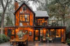A unique rustic barndominium with a weathered metal exterior, warm lighting, and a cozy outdoor dining space.