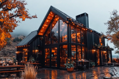 A stunning black modern barndominium with floor-to-ceiling glass windows, warm ambient lighting, and a cozy autumn setting.