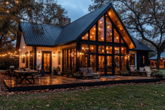 A charming modern barndominium with warm string lights, large glass windows, and a cozy outdoor living space.