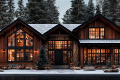A luxurious modern barndominium with a rustic wood exterior, large glass windows, and a cozy winter ambiance.