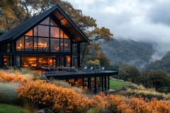 Modern black barndominium with floor-to-ceiling windows, perched on a hillside with breathtaking valley views.
