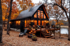 Charming black barndominium nestled in an autumn forest with warm lighting and a cozy wooden deck.