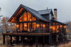 Elegant black barndominium with a raised foundation, glowing interior lighting, and a cozy wraparound deck for scenic views.