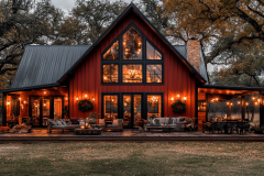 A stunning barndominium exterior with warm lighting, a rustic red finish, and a cozy outdoor living space.