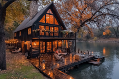 Cozy lakeside cabin with warm lighting, a wooden deck, and stunning autumn scenery.