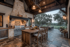 Rustic outdoor kitchen with a stone fireplace, wood accents, and a spacious dining area overlooking a scenic landscape.