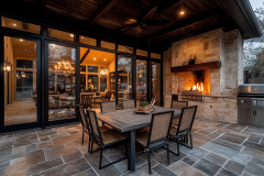 Elegant outdoor patio with a built-in fireplace, modern dining setup, and warm ambient lighting for a cozy evening retreat.