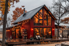 Cozy red barndominium with large glass windows, warm glowing lights, and a charming rustic-modern aesthetic.