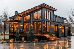 Modern black barndominium with sleek glass walls, warm lighting, and a stunning contemporary design.