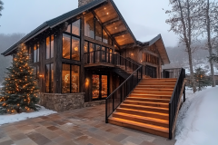 Luxurious mountain barndominium with floor-to-ceiling glass windows, warm lighting, and a stunning winter setting.