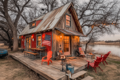 Charming rustic cabin with warm lighting, vintage aesthetics, and cozy outdoor seating by the lake.