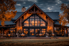 Stunning rustic barndominium exterior with warm lighting and modern farmhouse charm.
