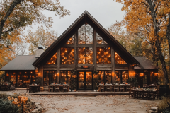 A stunning A-frame barndominium with floor-to-ceiling windows, glowing interior lights, and a cozy autumn ambiance surrounded by golden fall foliage.