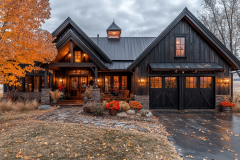 A cozy black farmhouse-style barndominium with warm glowing lights, a covered front porch, and a garage, surrounded by autumn trees and festive seasonal decor.