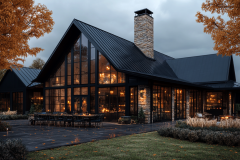 A sleek black modern barndominium with a striking A-frame design, floor-to-ceiling windows, and a towering stone chimney, surrounded by autumn foliage under a moody sky.