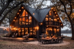 A charming black barndominium with a steep A-frame roof, warm glowing lights, and a cozy outdoor dining space, nestled under large oak trees near a peaceful lakeside.