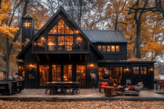 A striking modern black barndominium nestled in an autumn landscape, featuring expansive glass windows, a cozy outdoor seating area, and warm interior lighting that enhances its rustic elegance.