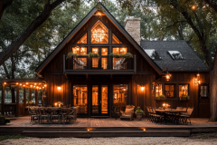 A stunning A-frame barndominium with a warm, rustic charm, featuring large glass windows, glowing interior lights, and a spacious outdoor dining area under a canopy of trees.