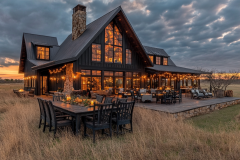 A stunning black barndominium with a towering stone chimney, expansive windows, and glowing string lights, set against a dramatic evening sky with a cozy outdoor dining space.