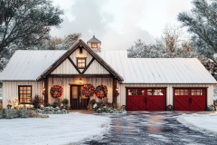A cozy farmhouse-style barndominium with festive Christmas wreaths, red garage doors, and a snowy winter landscape, creating the perfect holiday retreat.