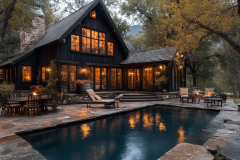 A luxurious rustic barndominium with a dark wood exterior, glowing interior lights, and a serene backyard pool, surrounded by lush trees and stone landscaping.