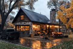 A charming stone-clad barndominium with warm glowing lights, a rustic porch, and a black metal roof, nestled among autumn trees on a rainy evening.